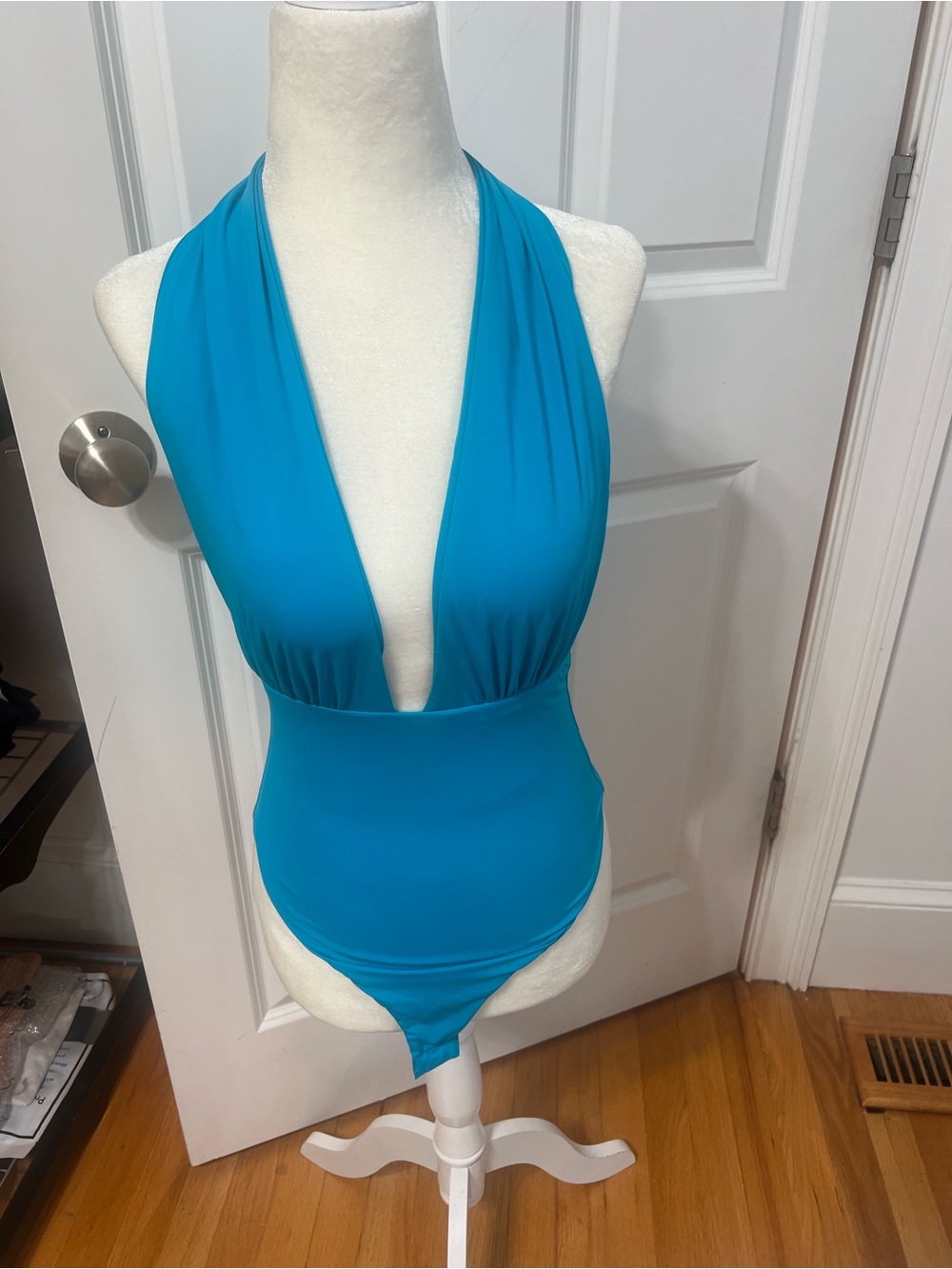 Princess Polly Bright Turquoise Plunge Halter Bodysuit